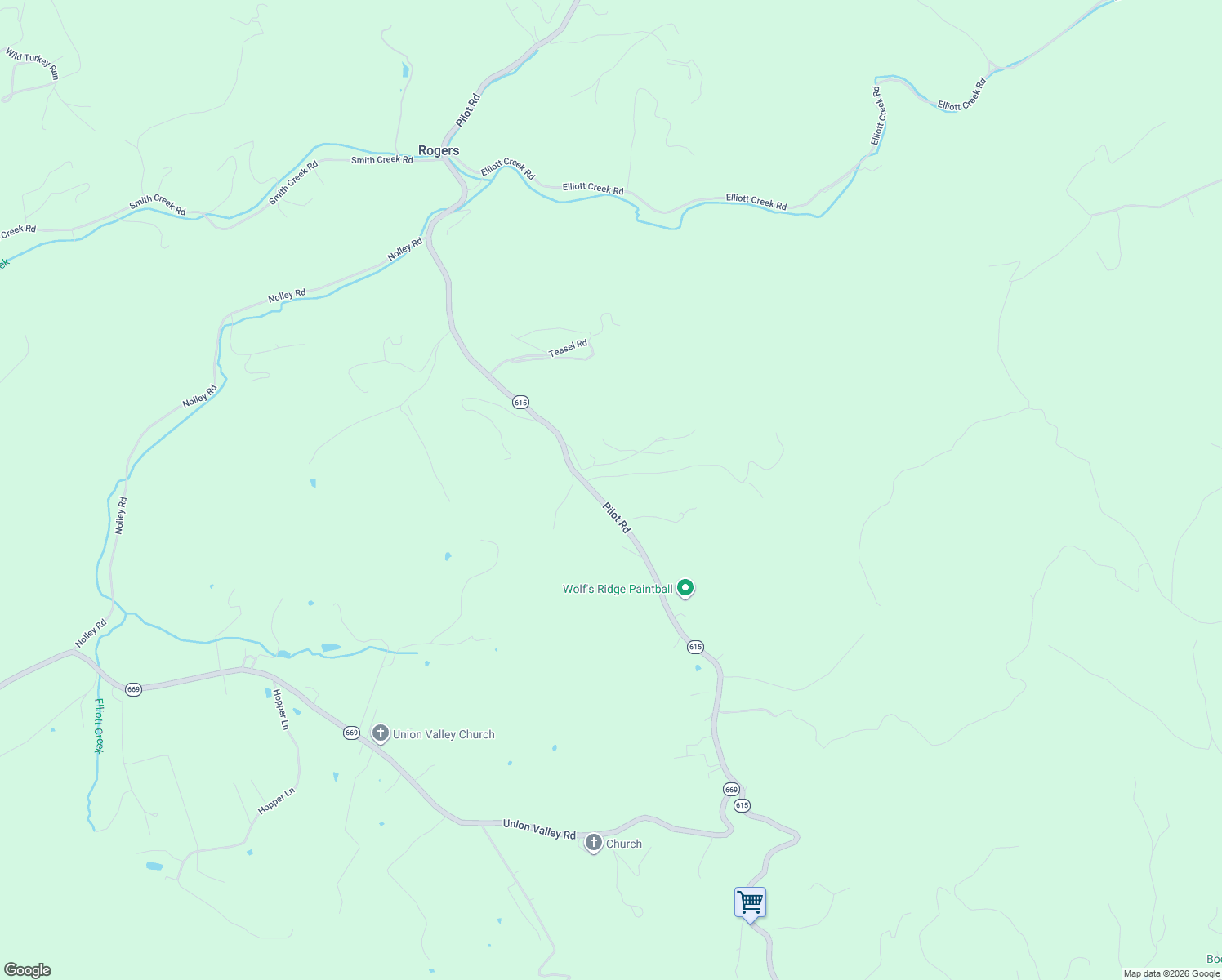 map of restaurants, bars, coffee shops, grocery stores, and more near 3817 Pilot Road in Riner
