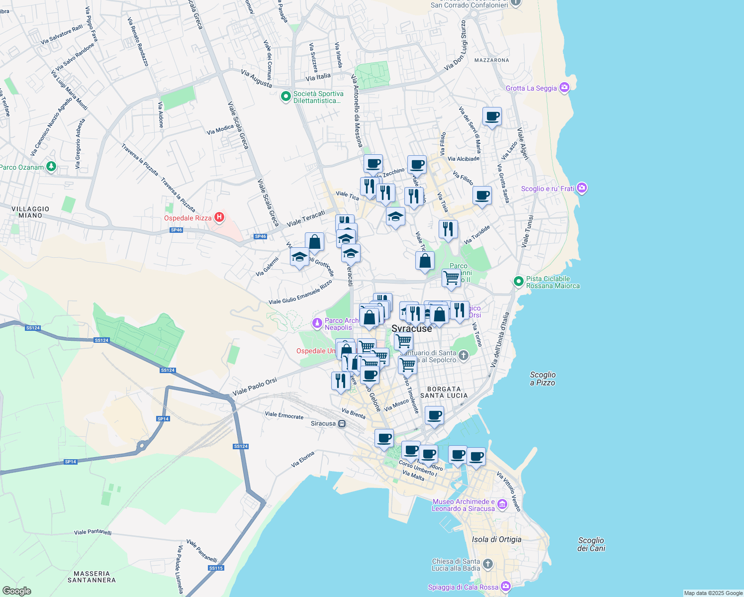 map of restaurants, bars, coffee shops, grocery stores, and more near 47 Via San Sebastiano in Syracuse
