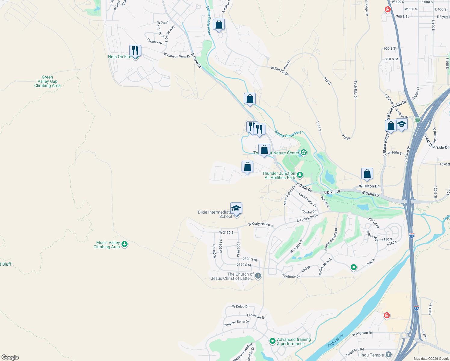 map of restaurants, bars, coffee shops, grocery stores, and more near 1259 Province Way in St. George
