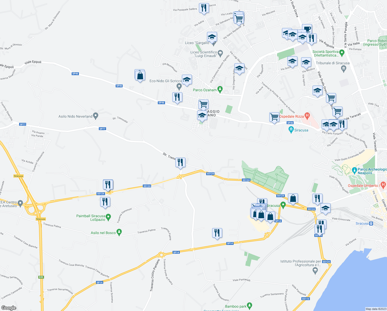 map of restaurants, bars, coffee shops, grocery stores, and more near Strada Tremmilia in Province of Syracuse