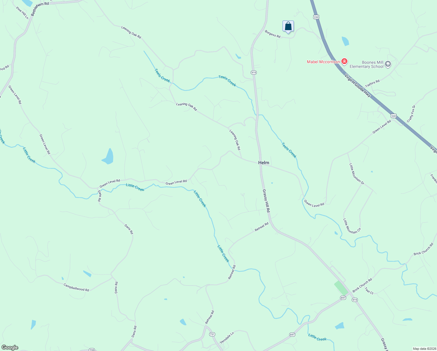 map of restaurants, bars, coffee shops, grocery stores, and more near 2258 Green Level Rd in Boones Mill