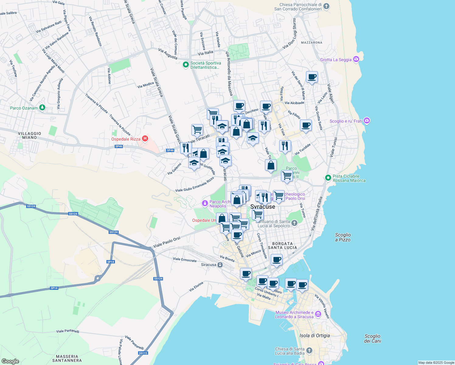 map of restaurants, bars, coffee shops, grocery stores, and more near 68 Viale Teracati in Siracusa