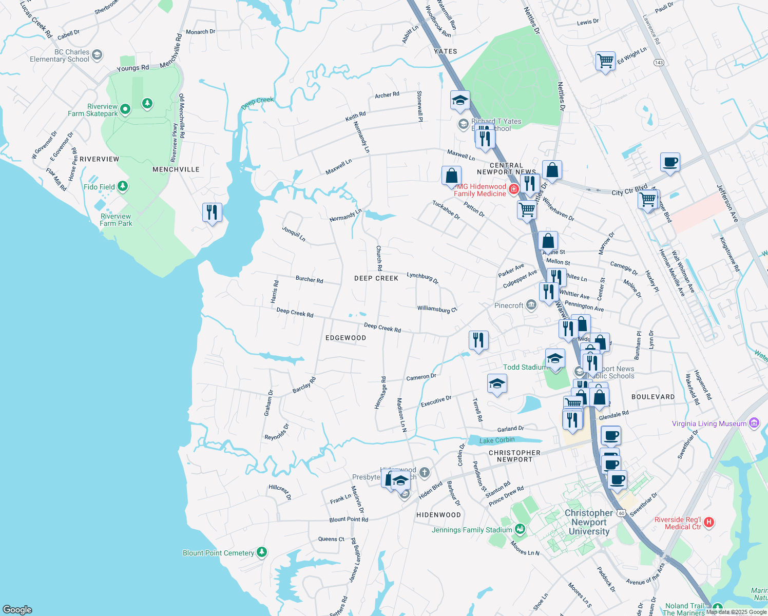 map of restaurants, bars, coffee shops, grocery stores, and more near 20 Church Road in Newport News