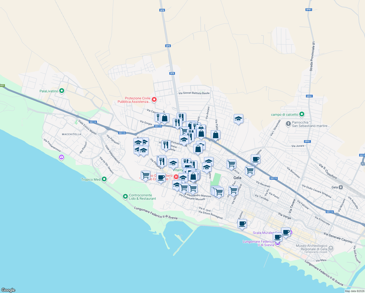 map of restaurants, bars, coffee shops, grocery stores, and more near 233 Largo Torelli in Gela