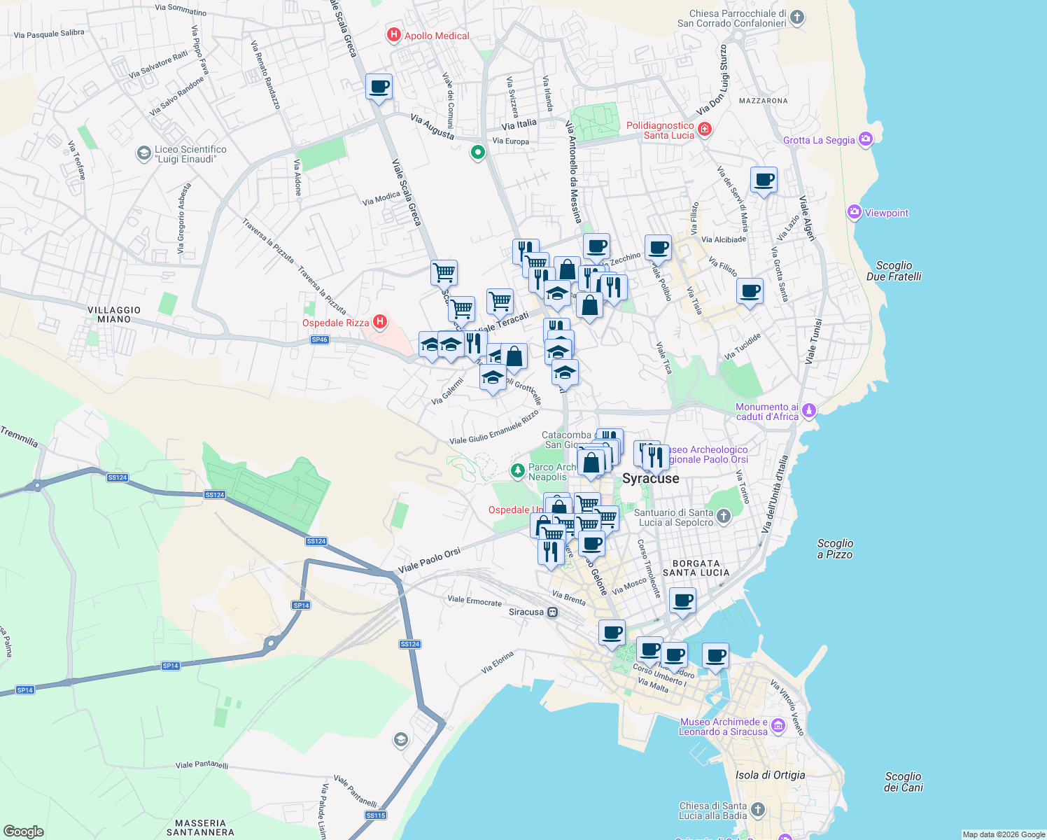 map of restaurants, bars, coffee shops, grocery stores, and more near Via Adolfo Holm in Siracusa