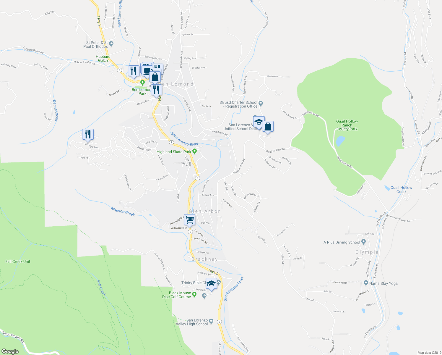 map of restaurants, bars, coffee shops, grocery stores, and more near 8633 Glen Arbor Road in Ben Lomond