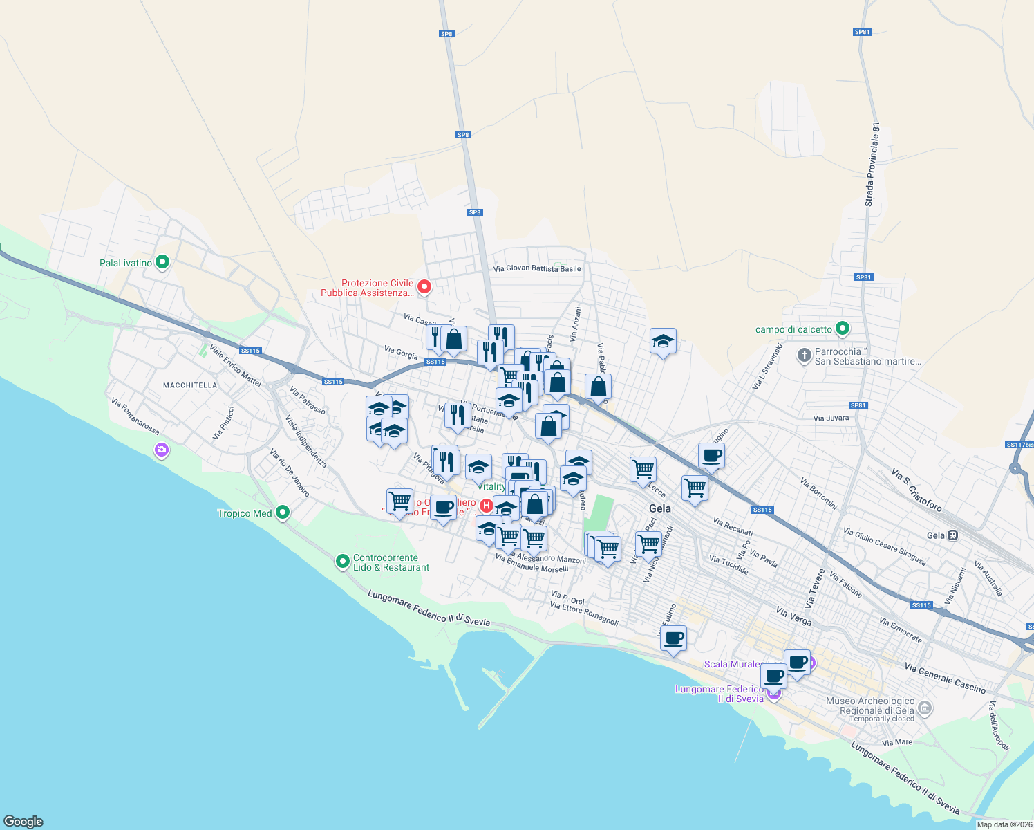 map of restaurants, bars, coffee shops, grocery stores, and more near 233 Largo Torelli in Gela