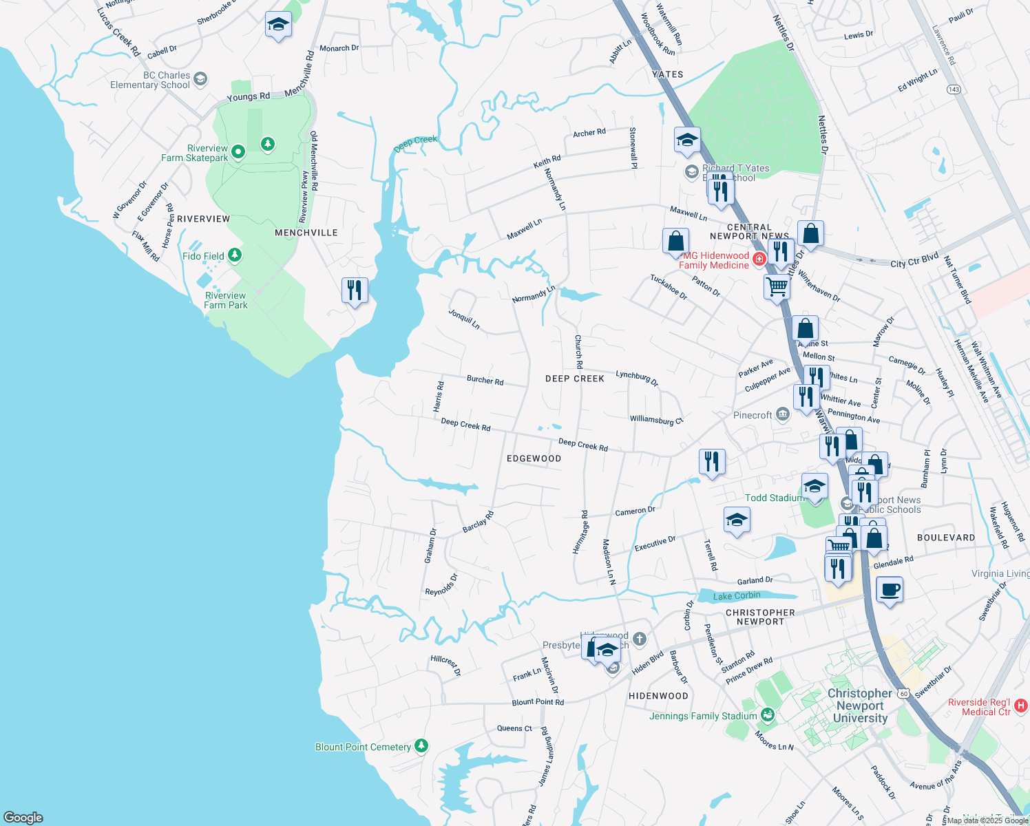 map of restaurants, bars, coffee shops, grocery stores, and more near 201 Harbor Watch Place in Newport News