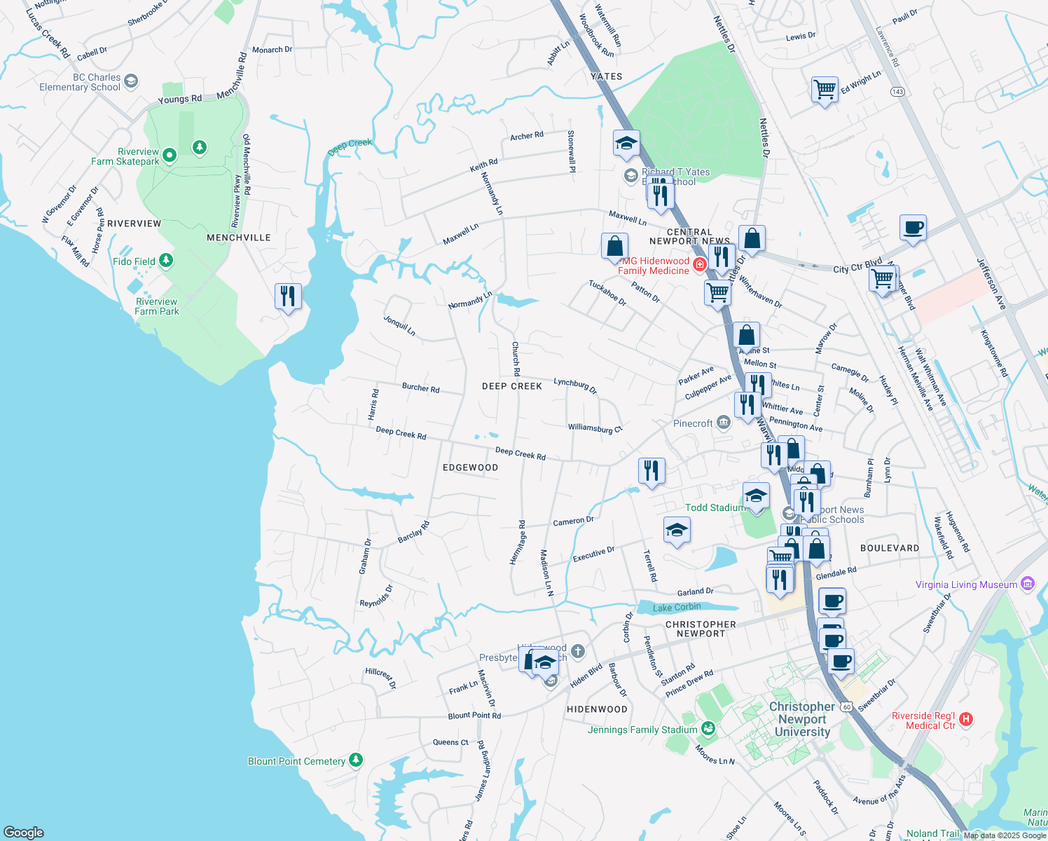 map of restaurants, bars, coffee shops, grocery stores, and more near 24 Church Road in Newport News