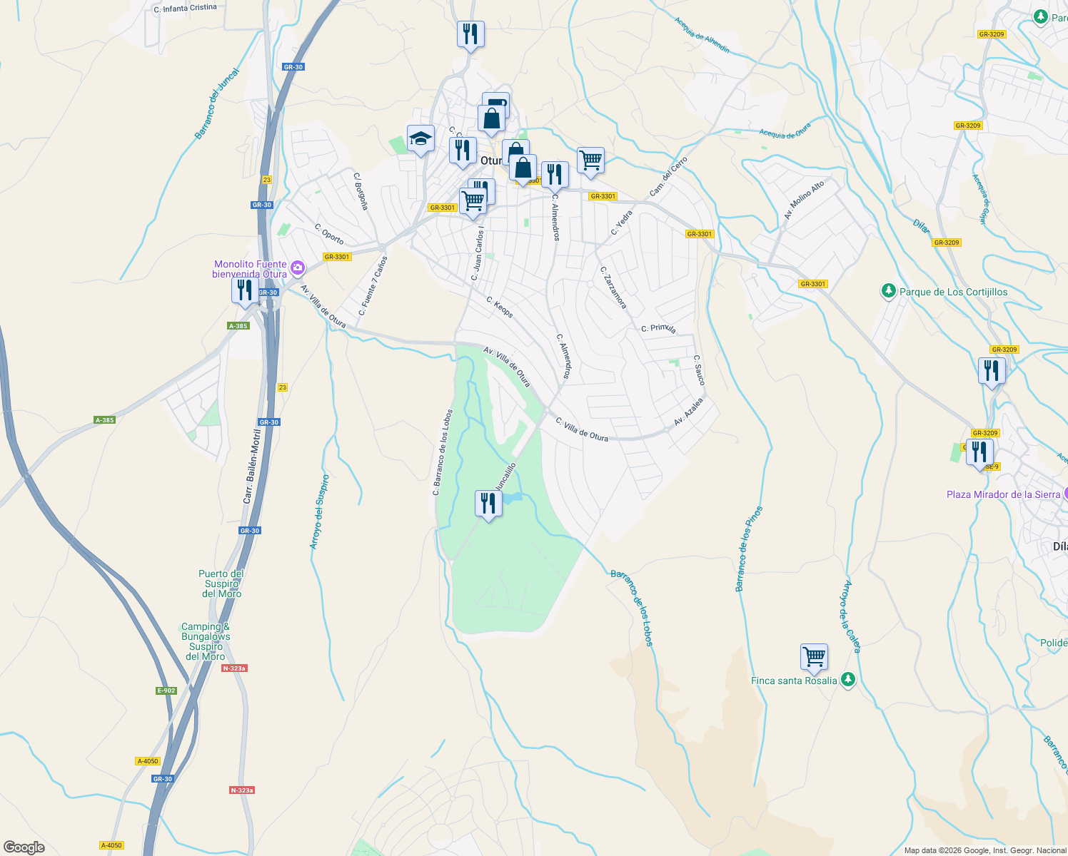 map of restaurants, bars, coffee shops, grocery stores, and more near 2 Avenida del Juncalillo in Otura