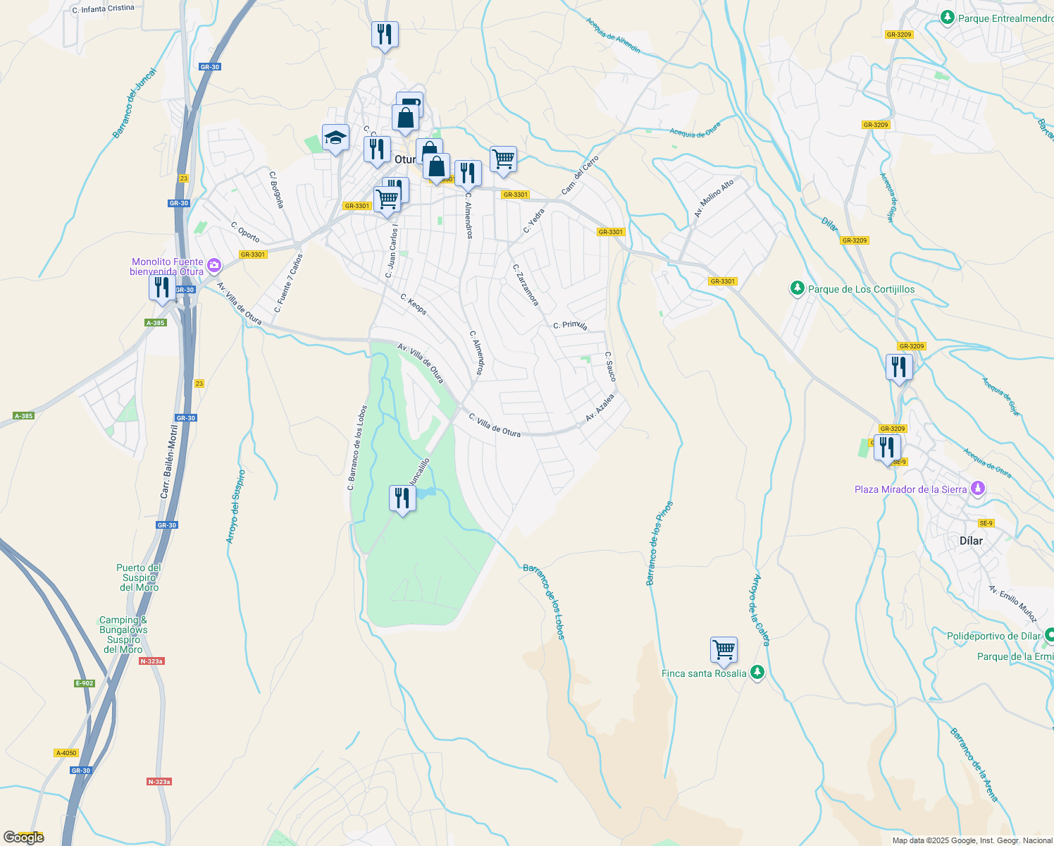 map of restaurants, bars, coffee shops, grocery stores, and more near 120C Calle Lirio in Granada