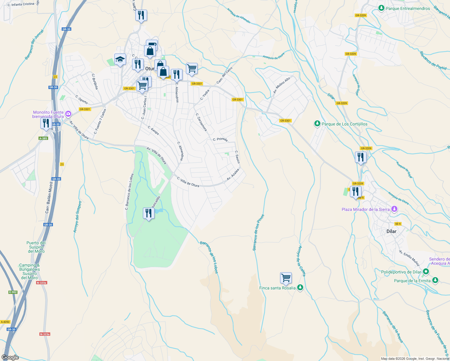 map of restaurants, bars, coffee shops, grocery stores, and more near 95B Avenida Azalea in Granada