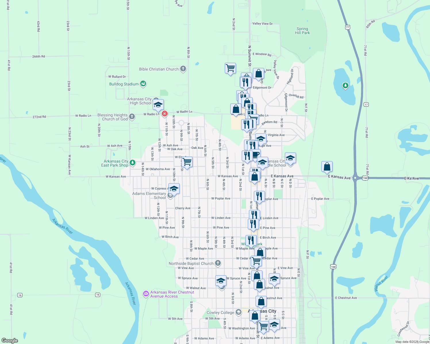 map of restaurants, bars, coffee shops, grocery stores, and more near 1408 N 5th St in Arkansas City