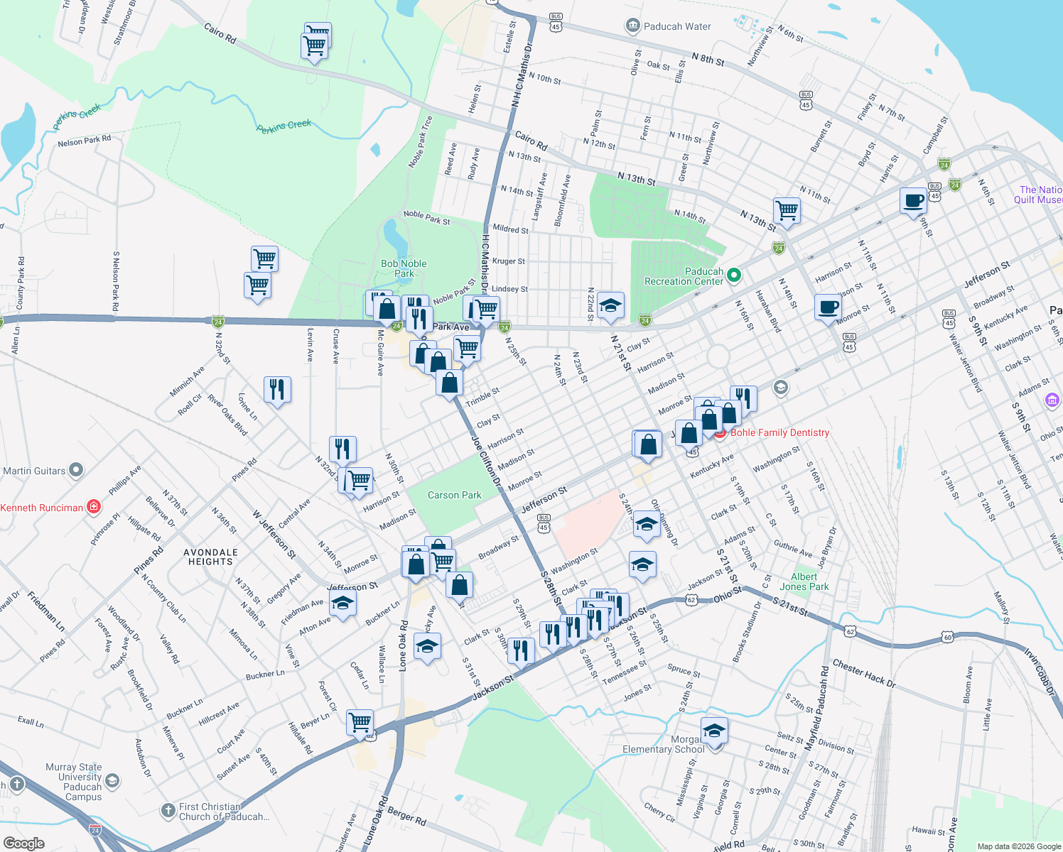 map of restaurants, bars, coffee shops, grocery stores, and more near 2536 Harrison Street in Paducah