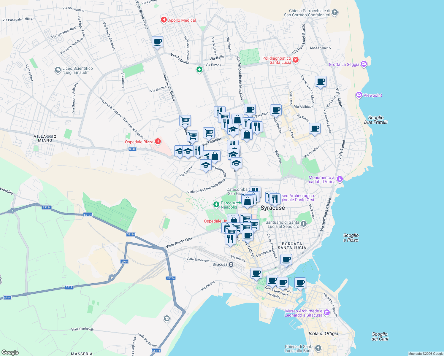 map of restaurants, bars, coffee shops, grocery stores, and more near Via Adolfo Holm in Siracusa