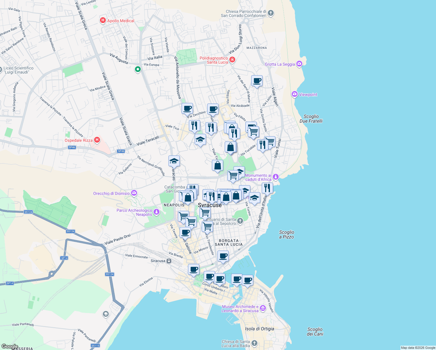 map of restaurants, bars, coffee shops, grocery stores, and more near 40 Via Von Platen Augusto in Siracusa