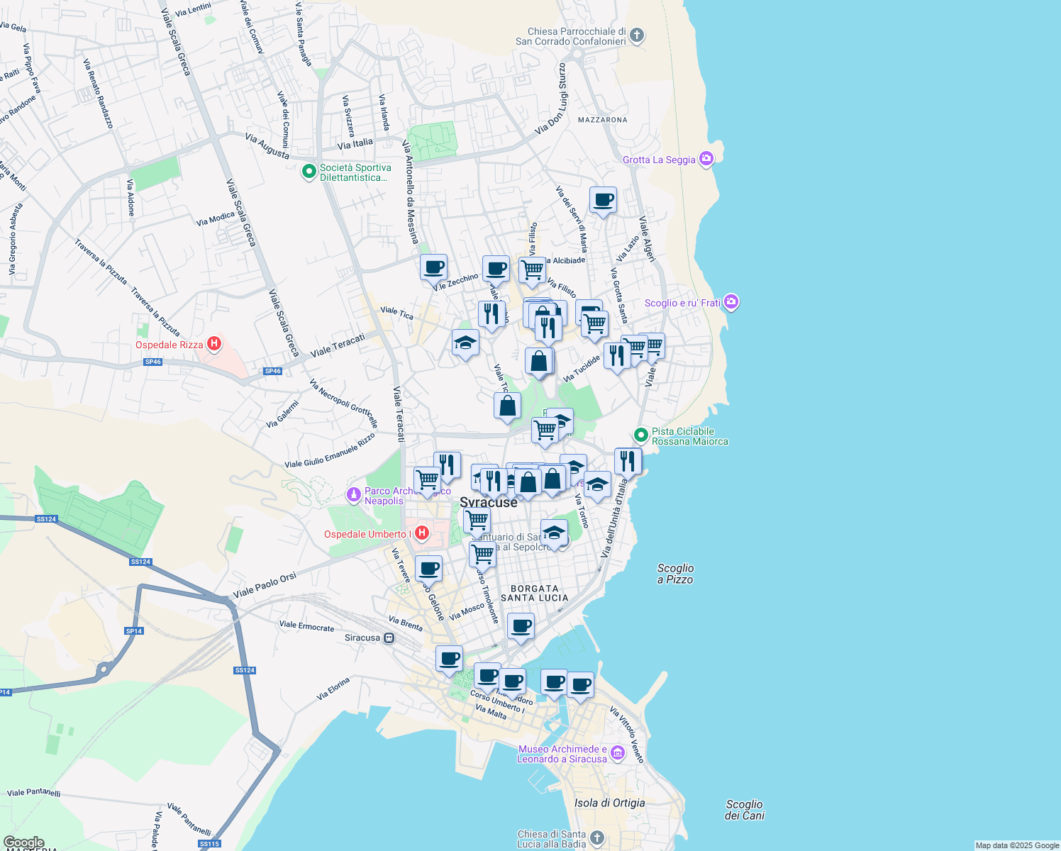 map of restaurants, bars, coffee shops, grocery stores, and more near Via Alessandria in Syracuse