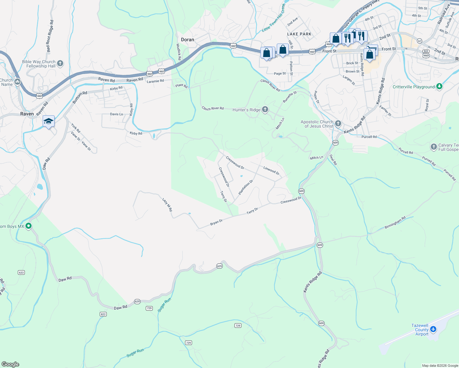 map of restaurants, bars, coffee shops, grocery stores, and more near 745-755 Cresswood Drive in Richlands