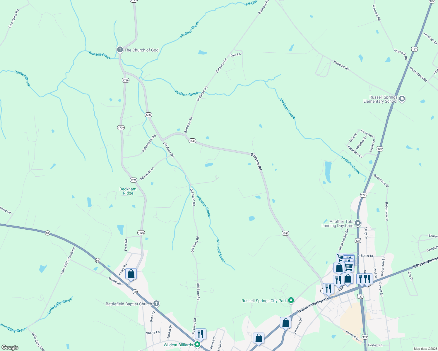 map of restaurants, bars, coffee shops, grocery stores, and more near 1282 Old Sano Road in Russell Springs