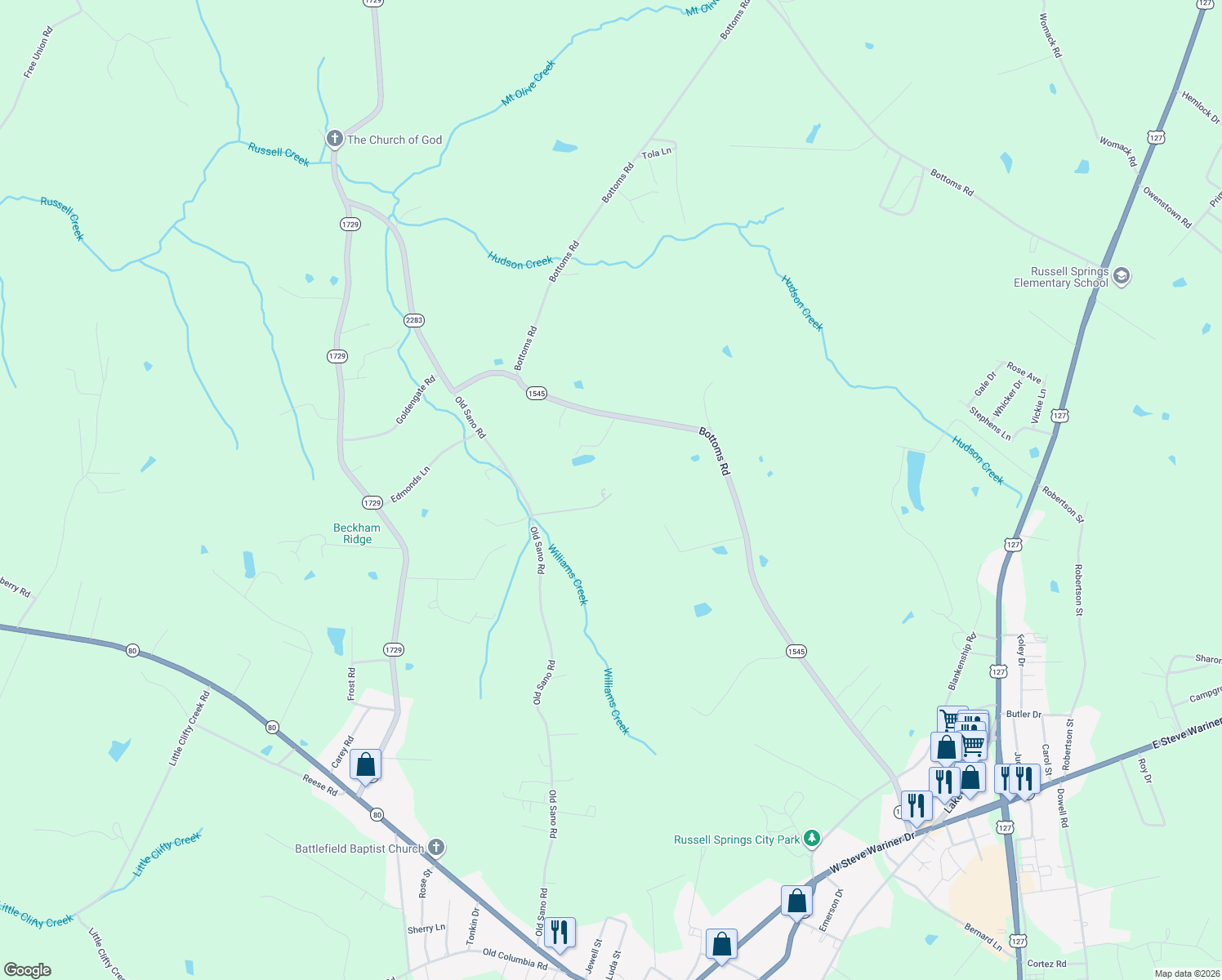 map of restaurants, bars, coffee shops, grocery stores, and more near 1282 Old Sano Road in Russell Springs