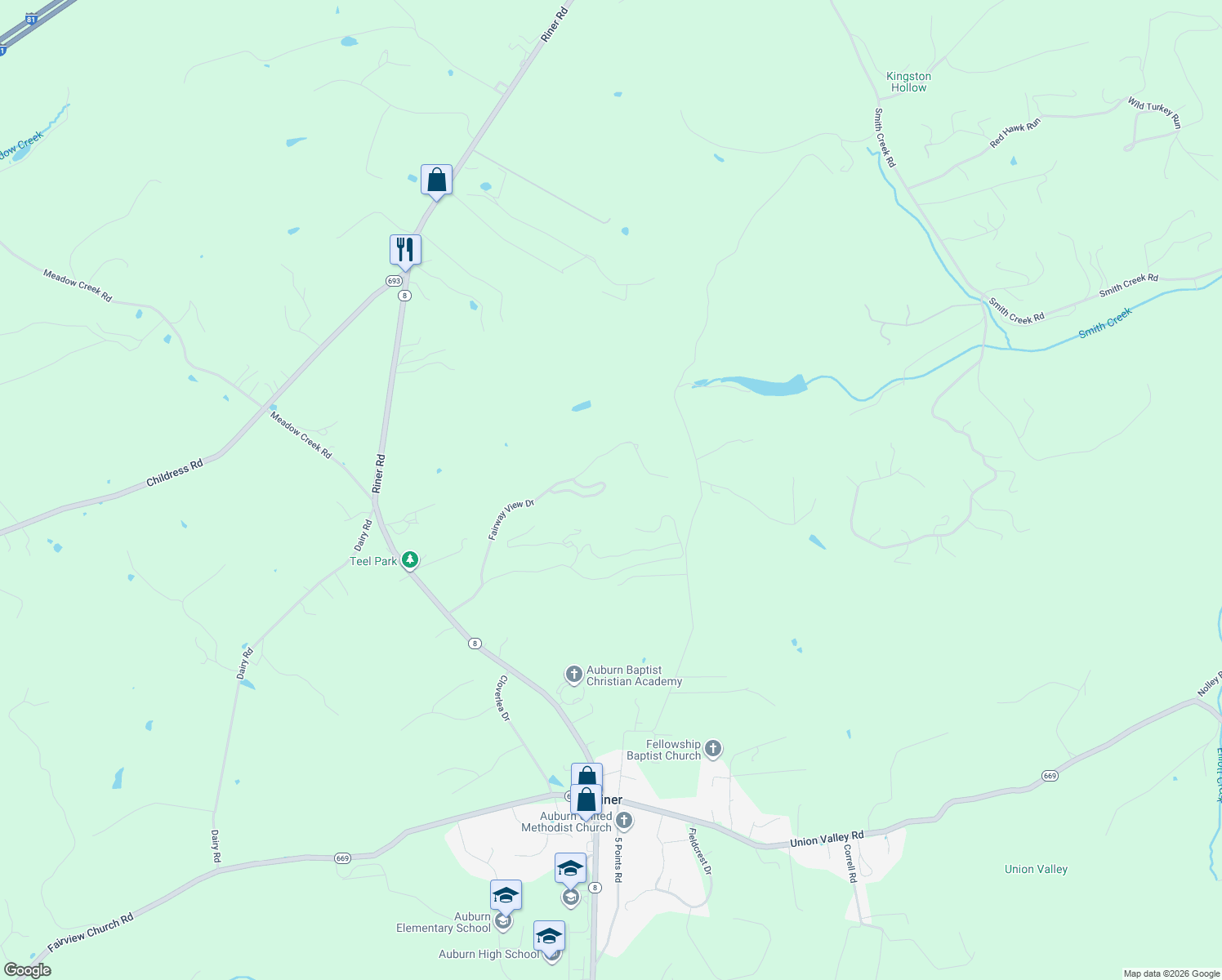 map of restaurants, bars, coffee shops, grocery stores, and more near 3381 Torrey Pines Circle in Riner