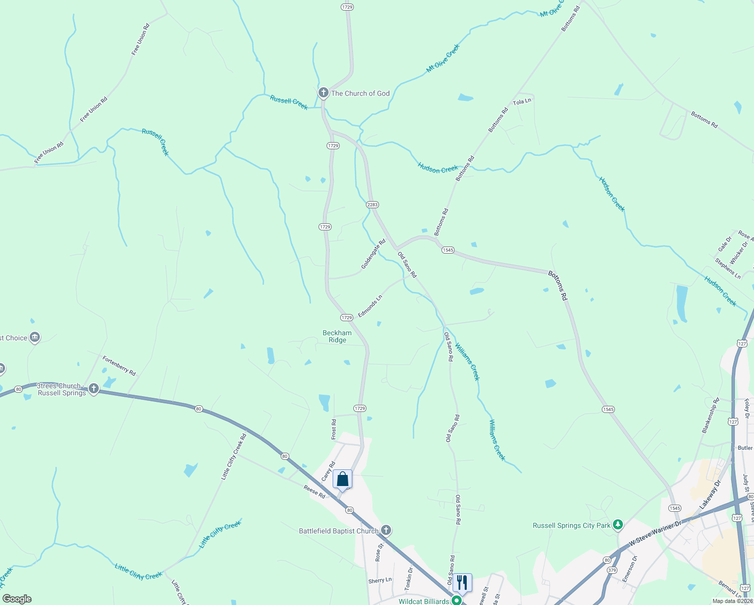 map of restaurants, bars, coffee shops, grocery stores, and more near 86 Edmonds Lane in Russell Springs