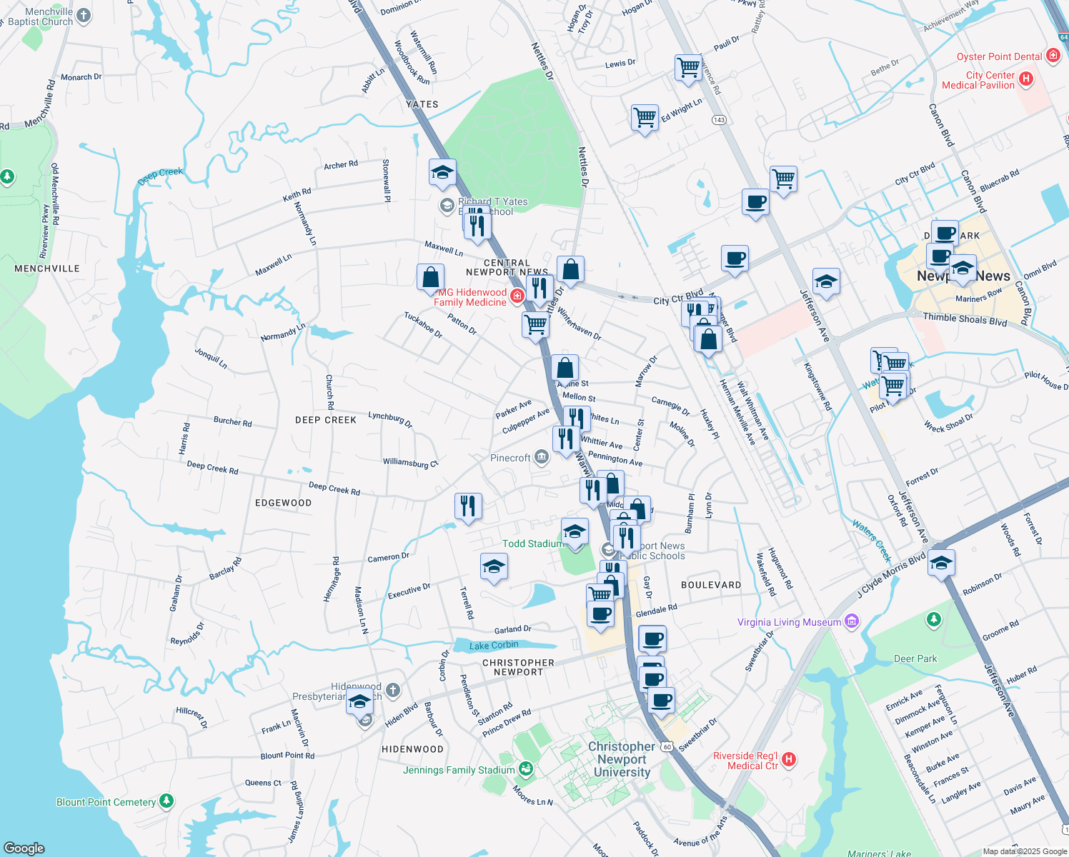 map of restaurants, bars, coffee shops, grocery stores, and more near 23 Deep Creek Rd in Newport News