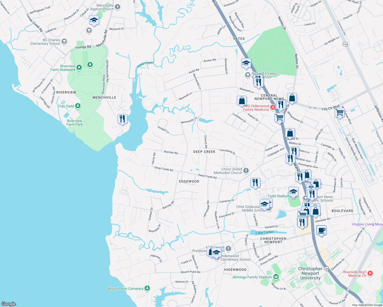 map of restaurants, bars, coffee shops, grocery stores, and more near 201 Granville Drive in Newport News