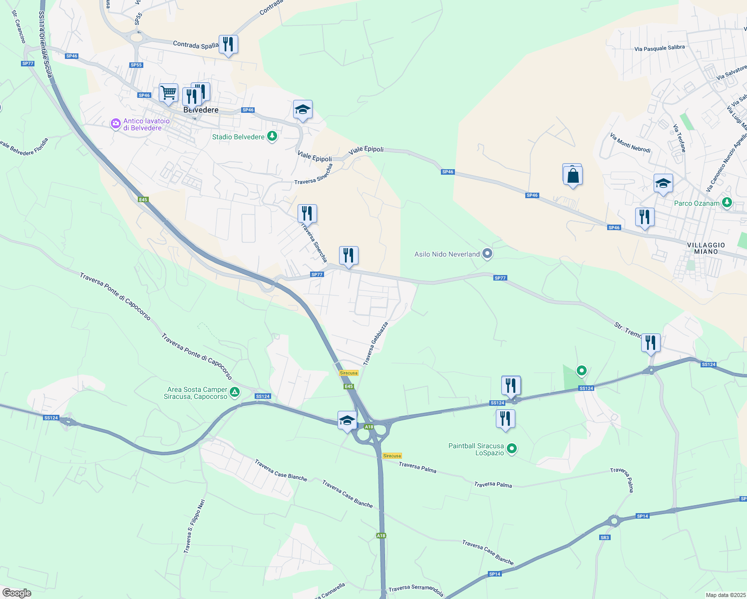 map of restaurants, bars, coffee shops, grocery stores, and more near 1 Via Ulisse in Libero consorzio comunale di Siracusa