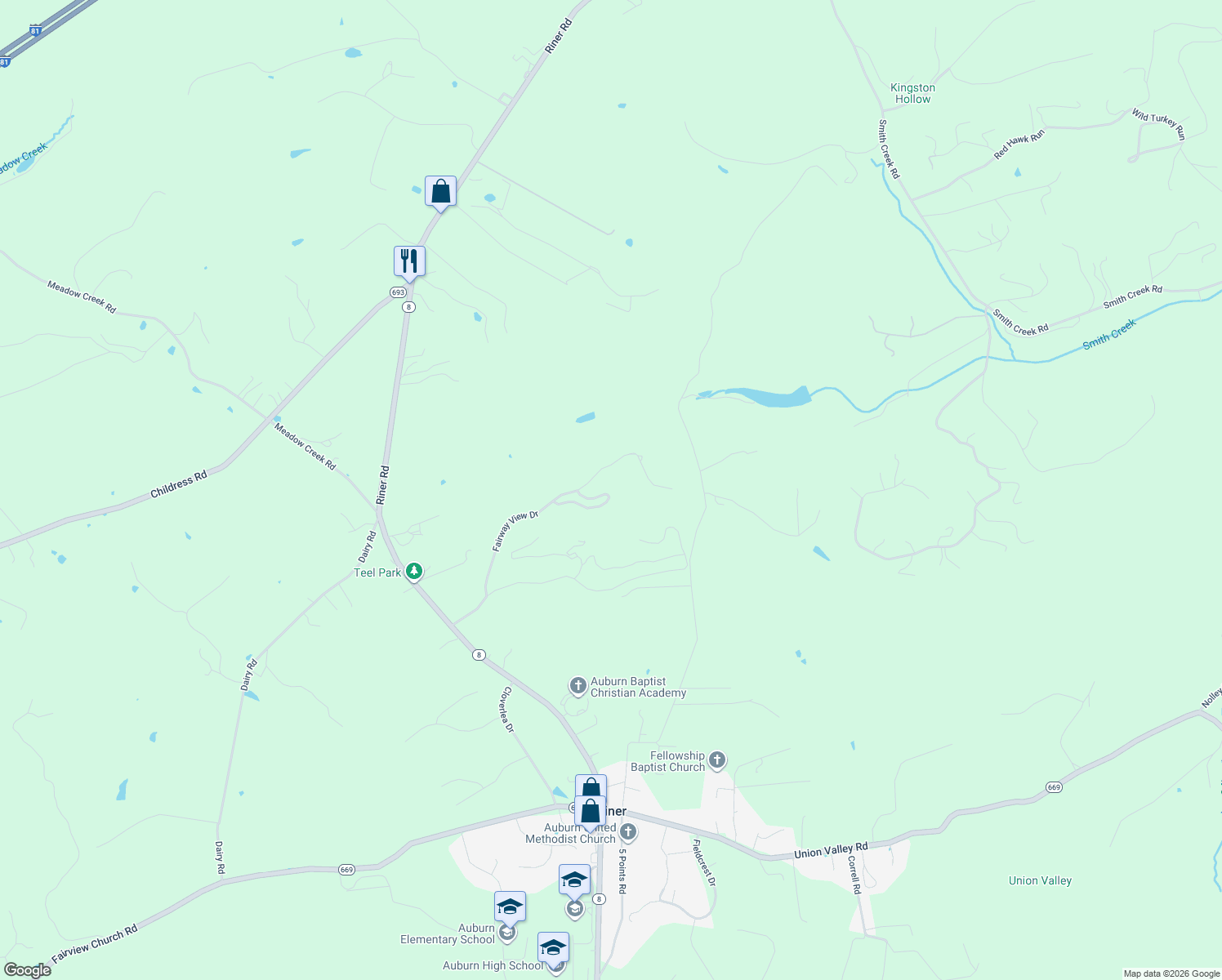 map of restaurants, bars, coffee shops, grocery stores, and more near 3381 Torrey Pines Circle in Riner