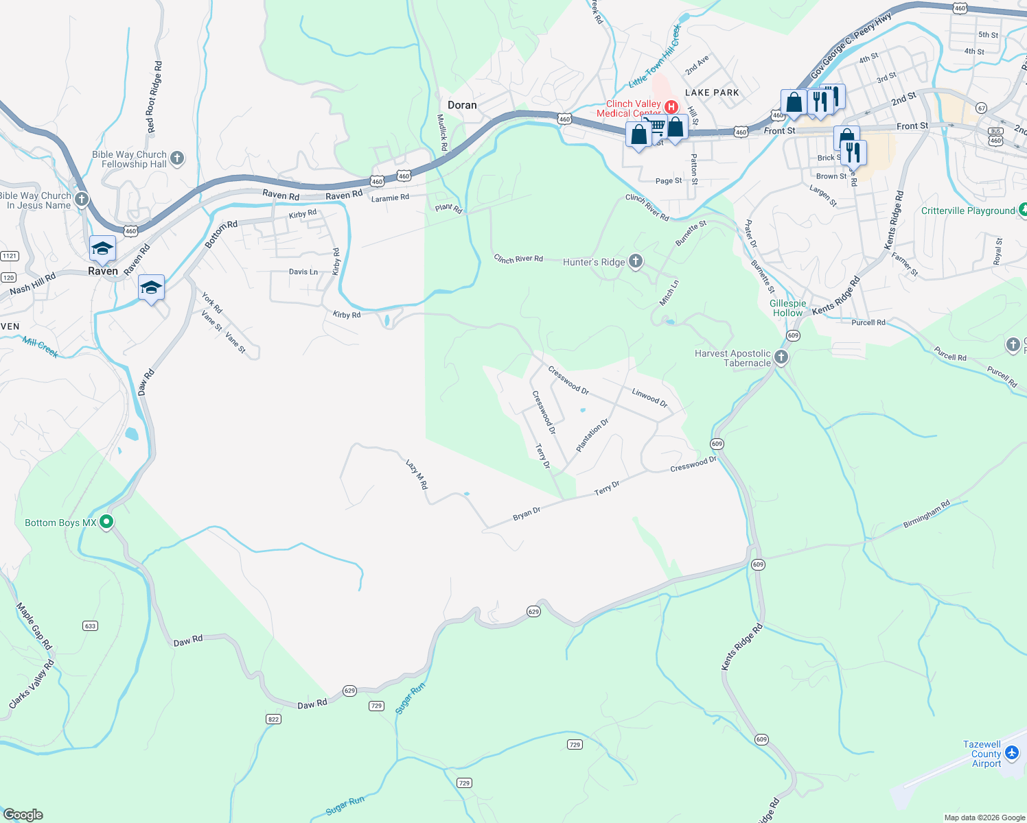 map of restaurants, bars, coffee shops, grocery stores, and more near Hawthorne Lane in Richlands