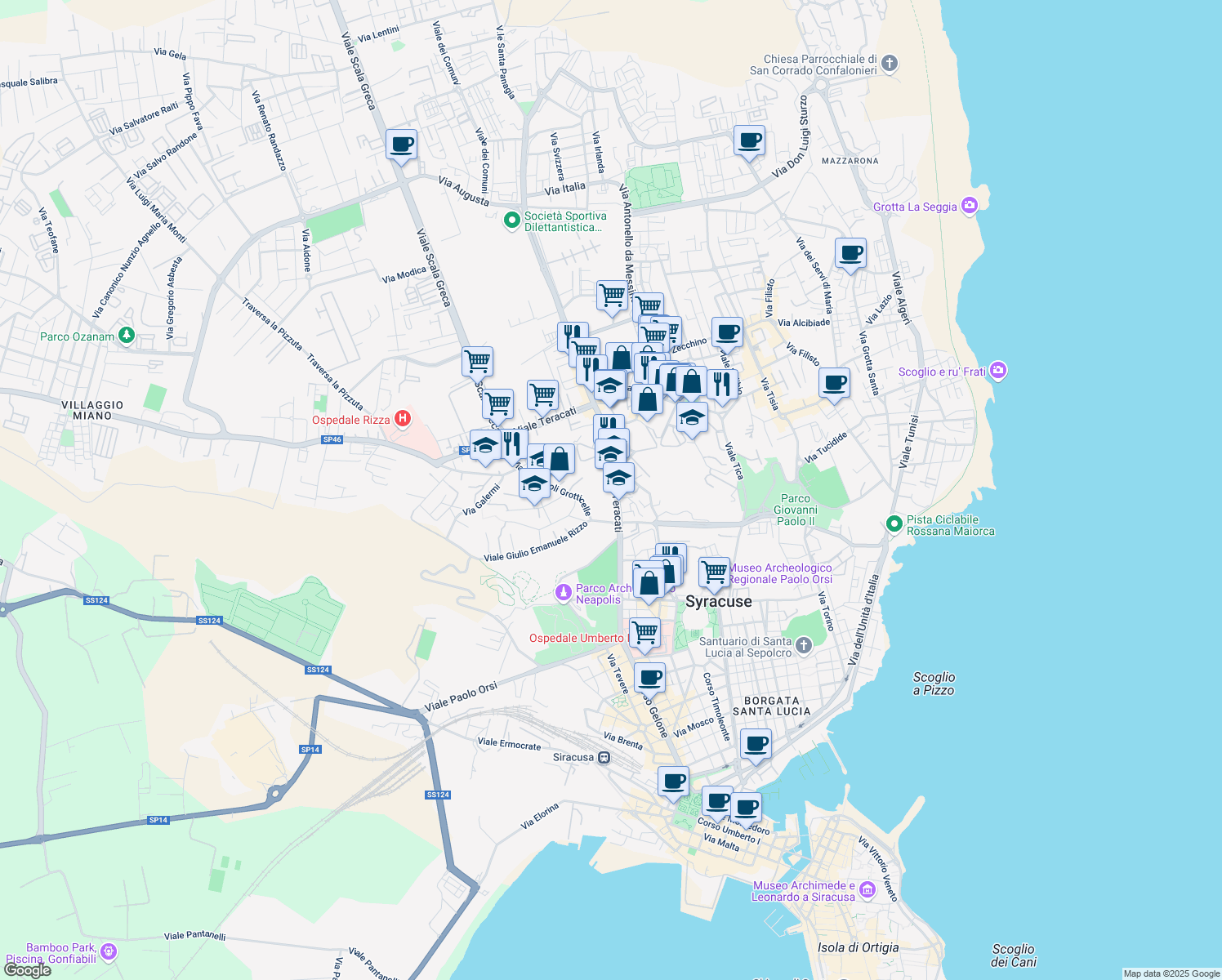 map of restaurants, bars, coffee shops, grocery stores, and more near 27 Viale Teracati in Siracusa