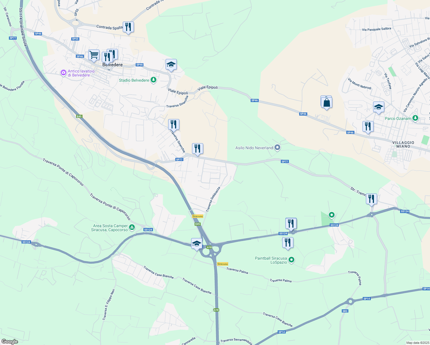 map of restaurants, bars, coffee shops, grocery stores, and more near 1 Via Ulisse in Libero consorzio comunale di Siracusa