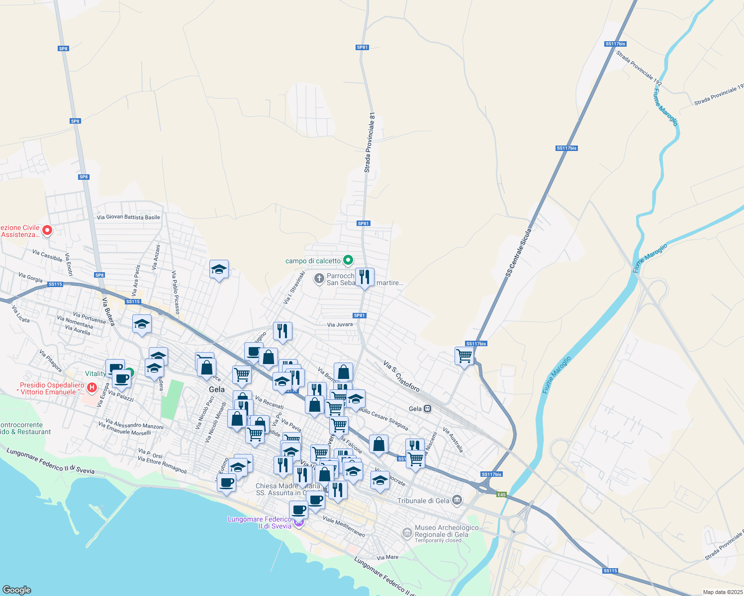 map of restaurants, bars, coffee shops, grocery stores, and more near 36 Via Duccio di Boninsegna in Gela