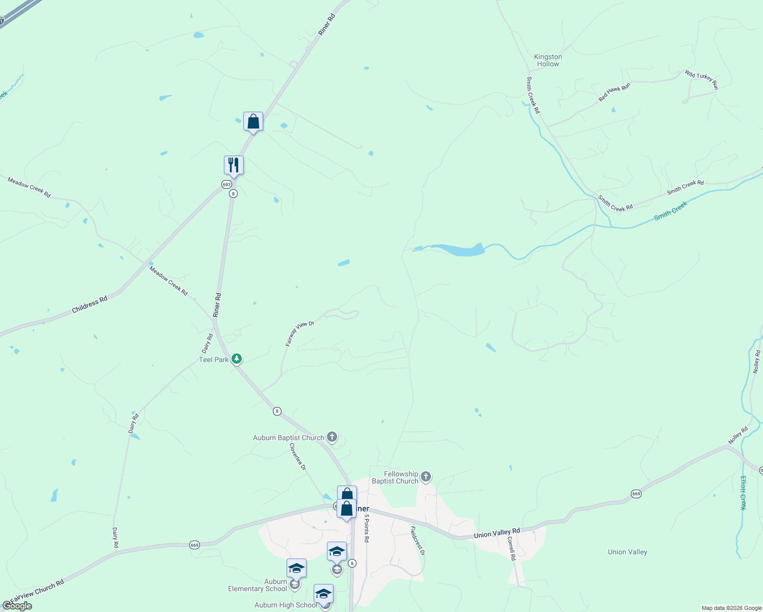 map of restaurants, bars, coffee shops, grocery stores, and more near 3815 Fairway View Drive in Riner