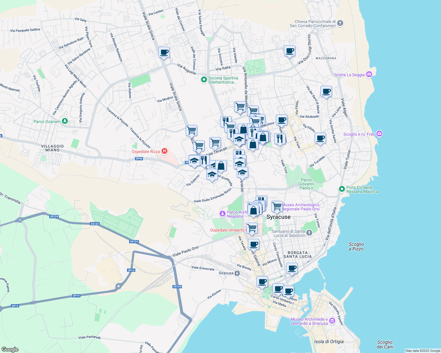 map of restaurants, bars, coffee shops, grocery stores, and more near Via Necropoli Grotticelle in Siracusa