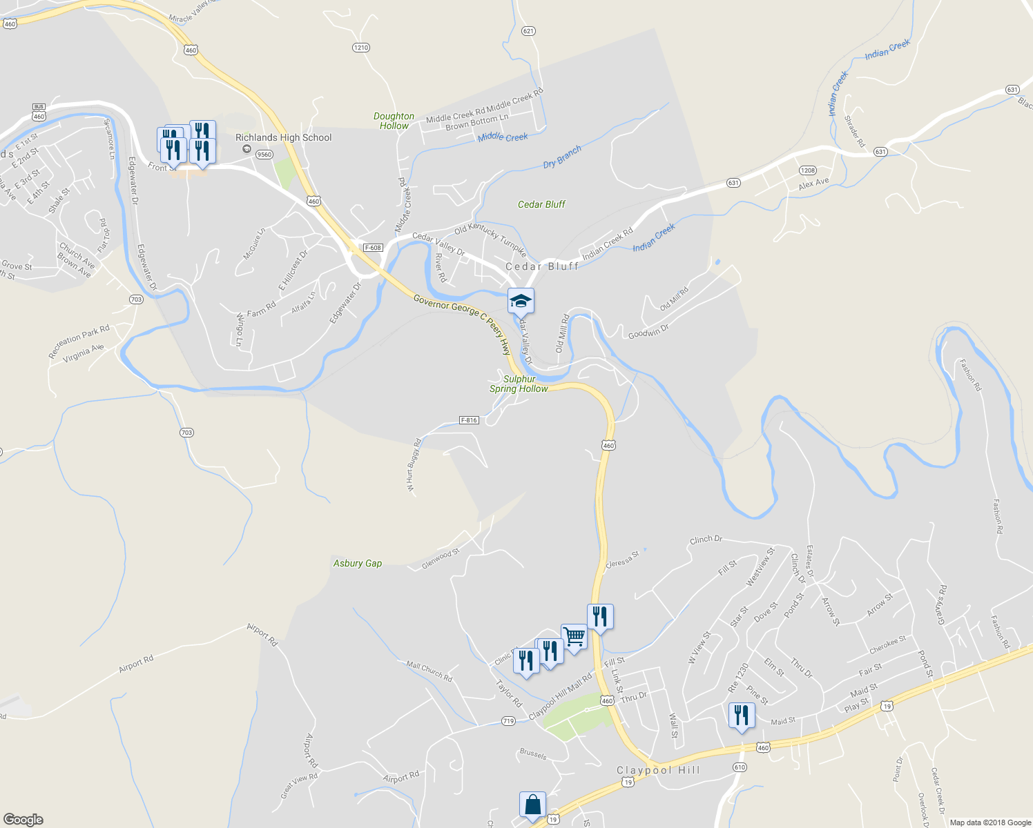 map of restaurants, bars, coffee shops, grocery stores, and more near 230 Hurt Buggy Road in Cedar Bluff