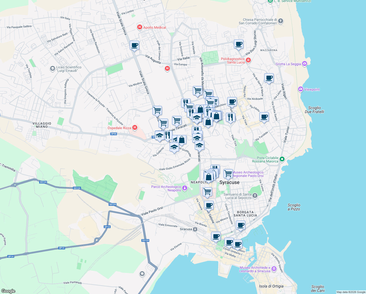 map of restaurants, bars, coffee shops, grocery stores, and more near 20 Via Necropoli Grotticelle in Siracusa