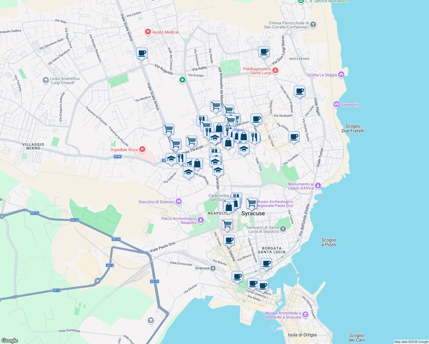map of restaurants, bars, coffee shops, grocery stores, and more near 27 Viale Teracati in Siracusa