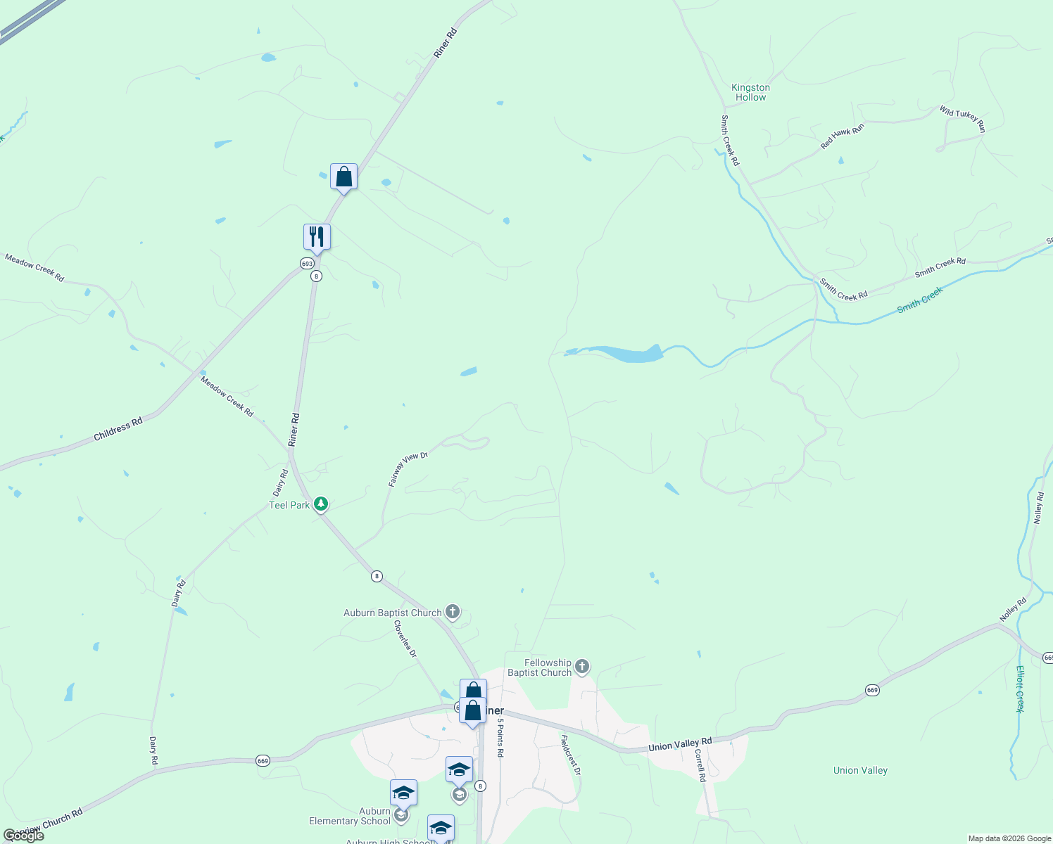 map of restaurants, bars, coffee shops, grocery stores, and more near 3815 Fairway View Drive in Riner
