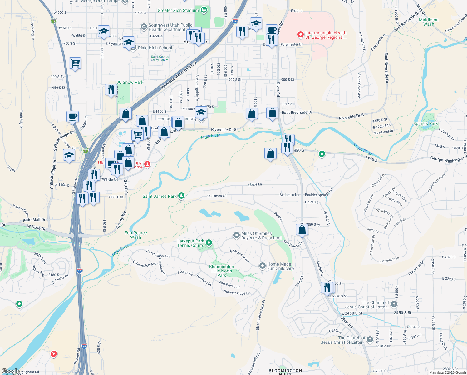 map of restaurants, bars, coffee shops, grocery stores, and more near 968 East Lizzie Lane in St. George