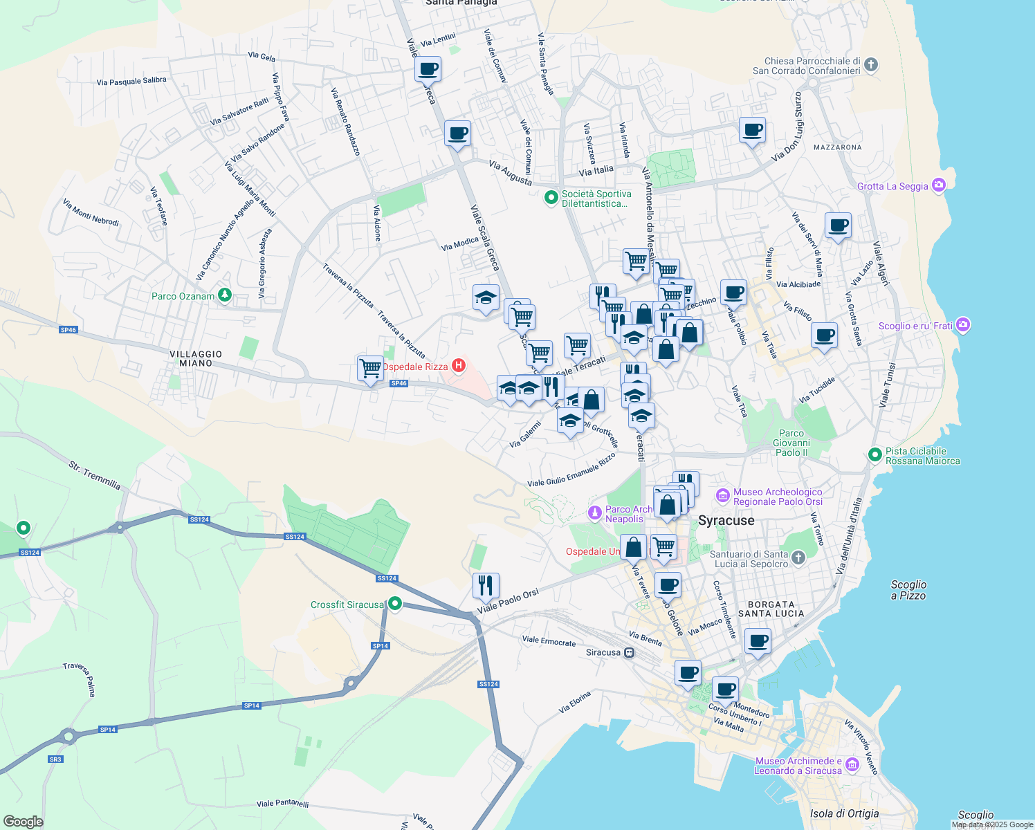 map of restaurants, bars, coffee shops, grocery stores, and more near Via Galermi in Syracuse