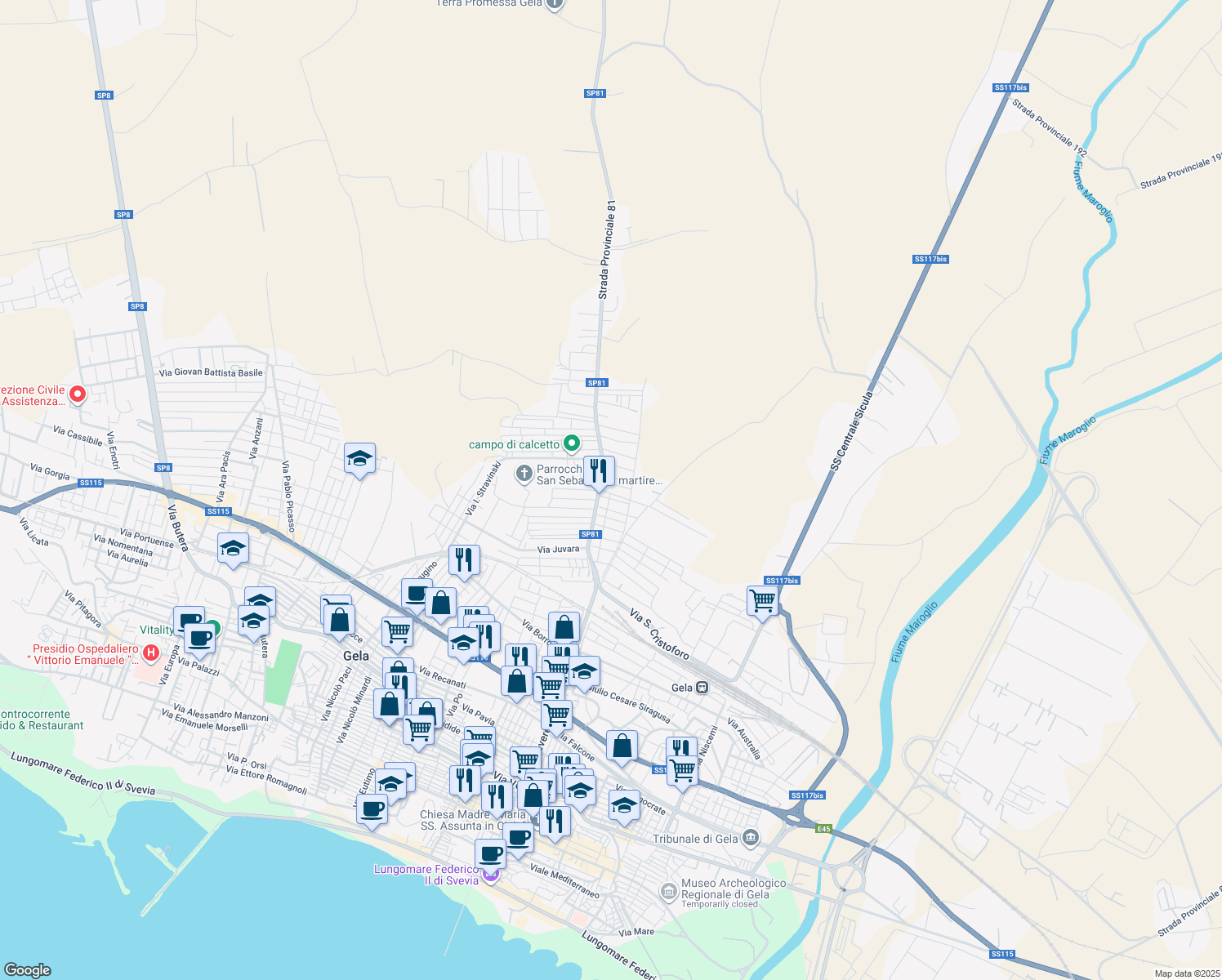 map of restaurants, bars, coffee shops, grocery stores, and more near 36 Via Duccio di Boninsegna in Gela