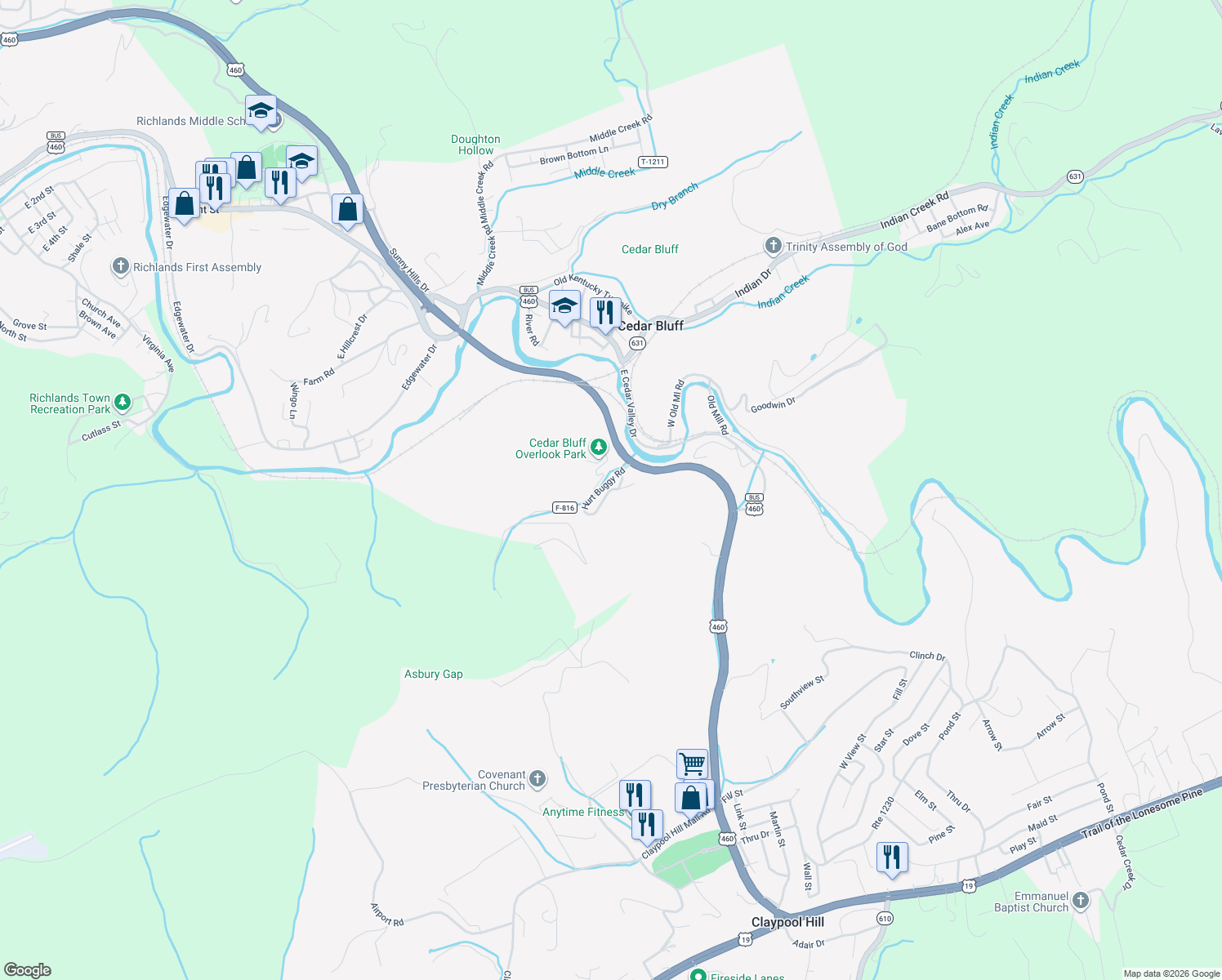 map of restaurants, bars, coffee shops, grocery stores, and more near 230 Hurt Buggy Road in Cedar Bluff