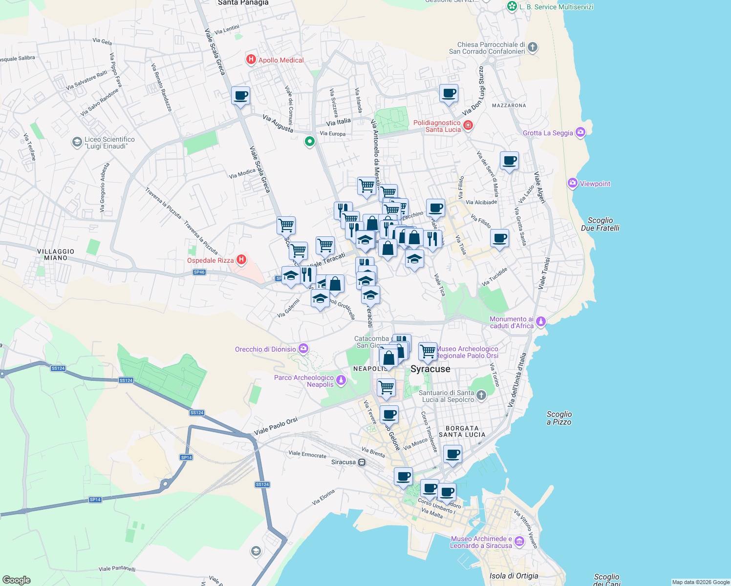 map of restaurants, bars, coffee shops, grocery stores, and more near 27 Viale Teracati in Siracusa