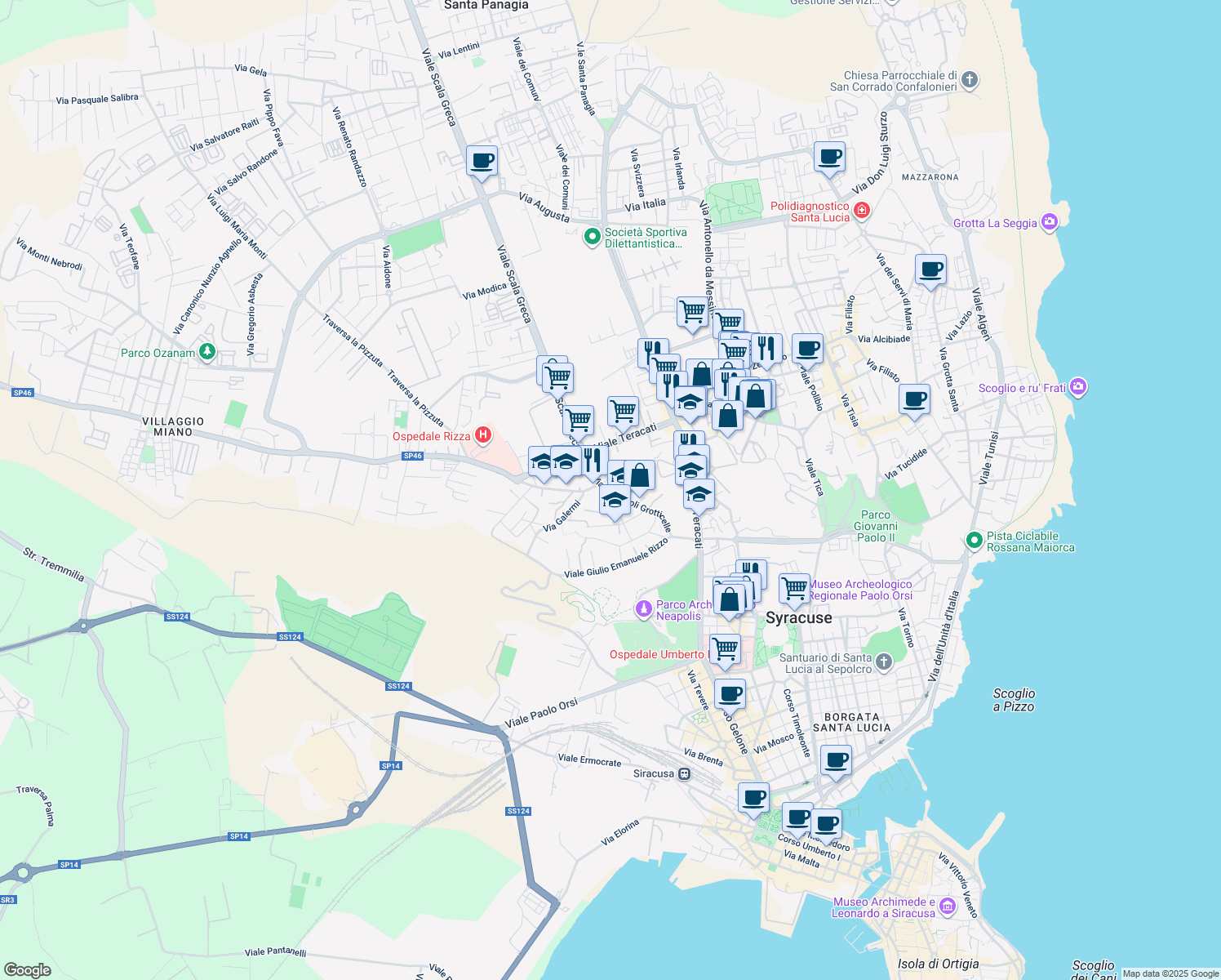 map of restaurants, bars, coffee shops, grocery stores, and more near 42 Via Necropoli Grotticelle in Siracusa