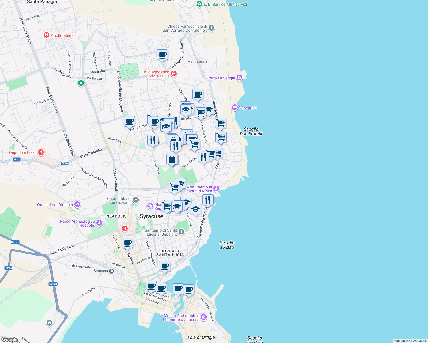 map of restaurants, bars, coffee shops, grocery stores, and more near Via Grottasanta in Syracuse