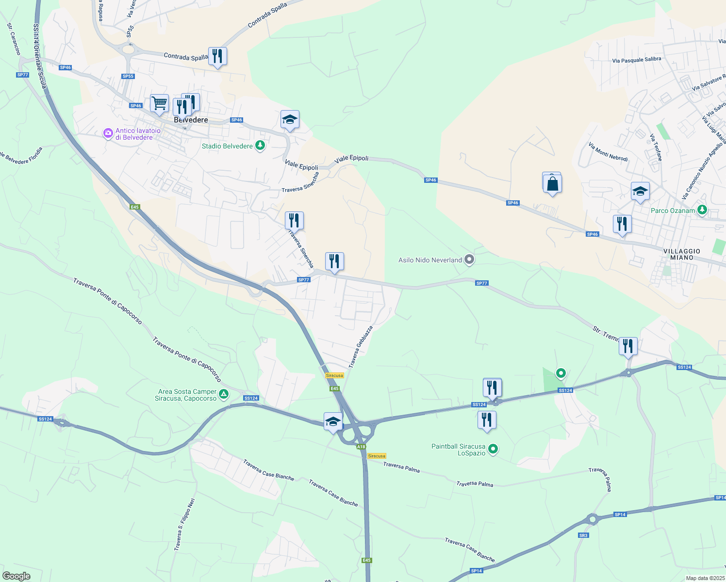 map of restaurants, bars, coffee shops, grocery stores, and more near 15 Strada Tremmilia in Siracusa