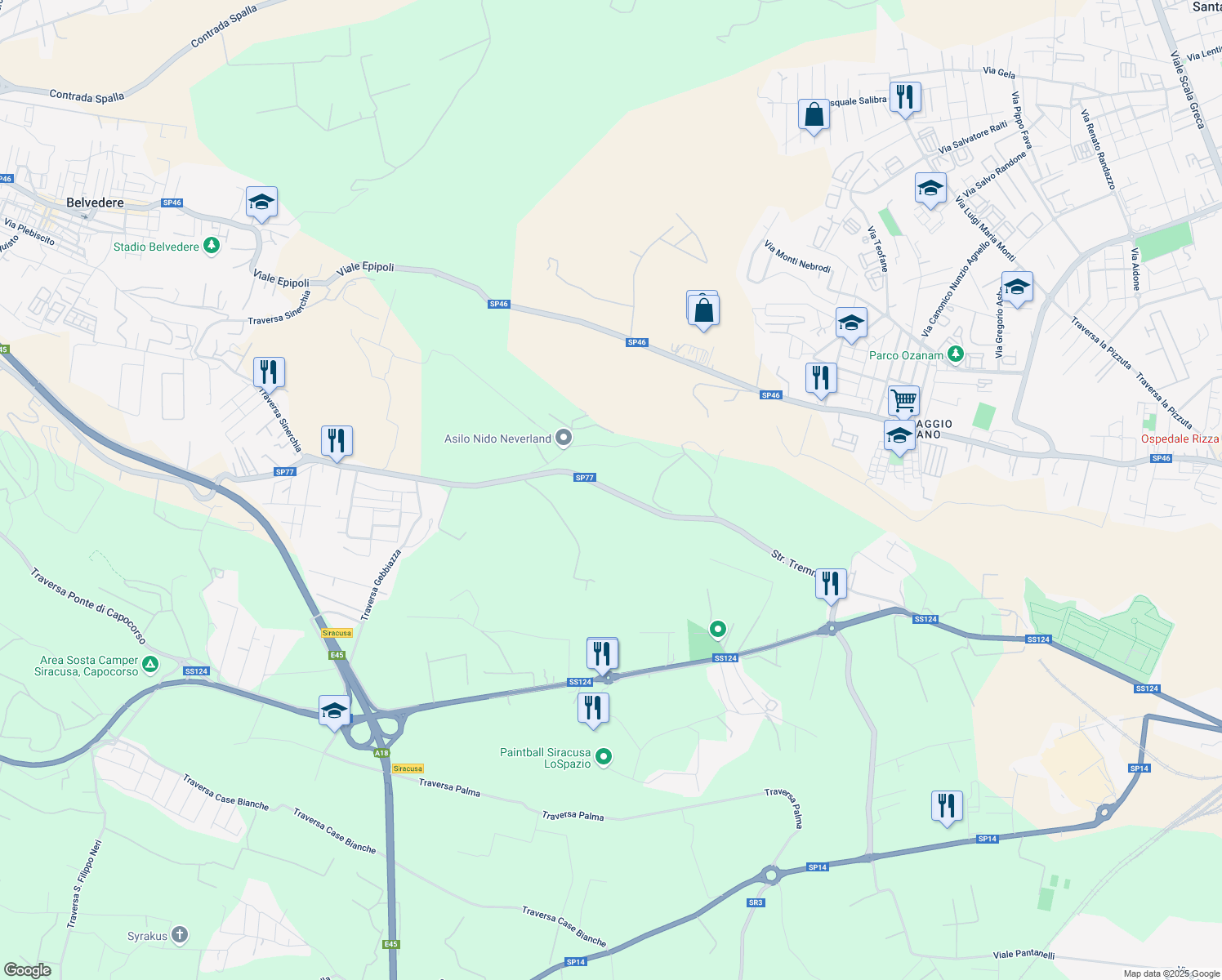map of restaurants, bars, coffee shops, grocery stores, and more near Strada Tremmilia in Province of Syracuse