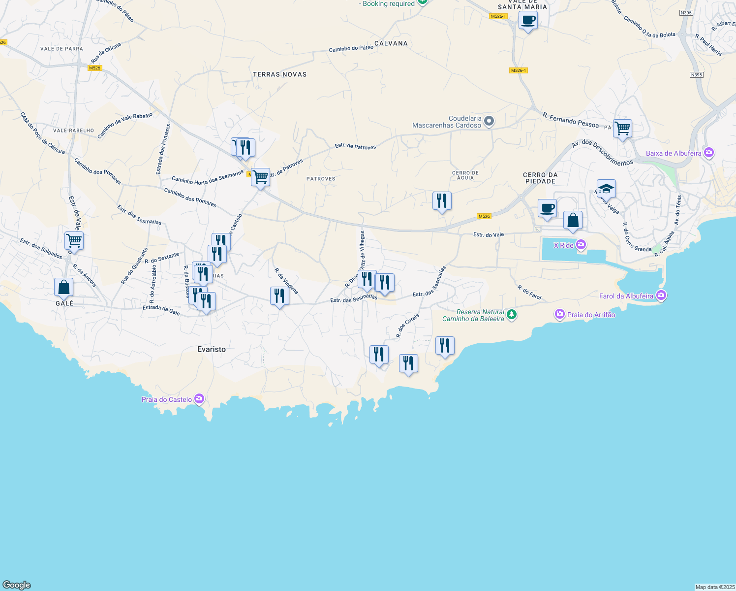 map of restaurants, bars, coffee shops, grocery stores, and more near Caminho das Sesmarias in Albufeira